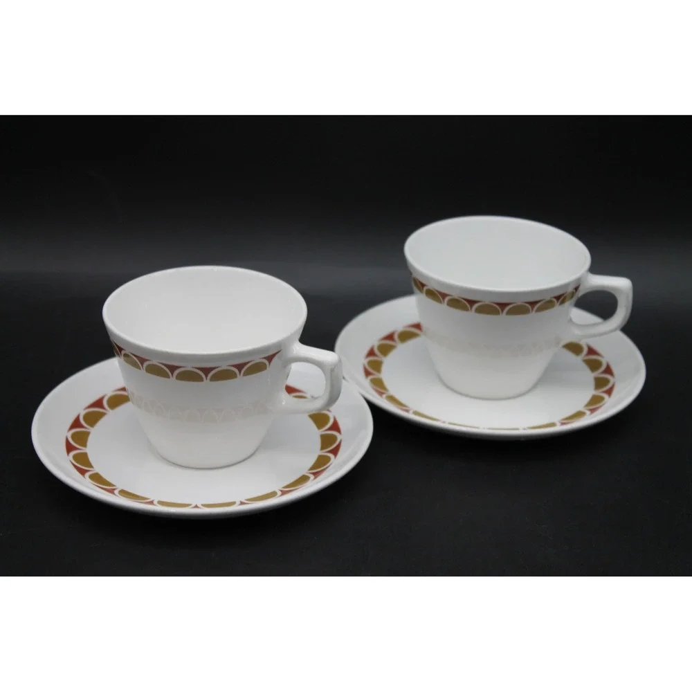 Vintage Corning Pyroceram Danish Modern Cups & Saucers Set of 2 MCM
